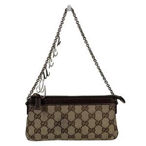 Gucci Vintage Brown Monogram Canvas Logo Chain Strap Evening Pochette Bag
